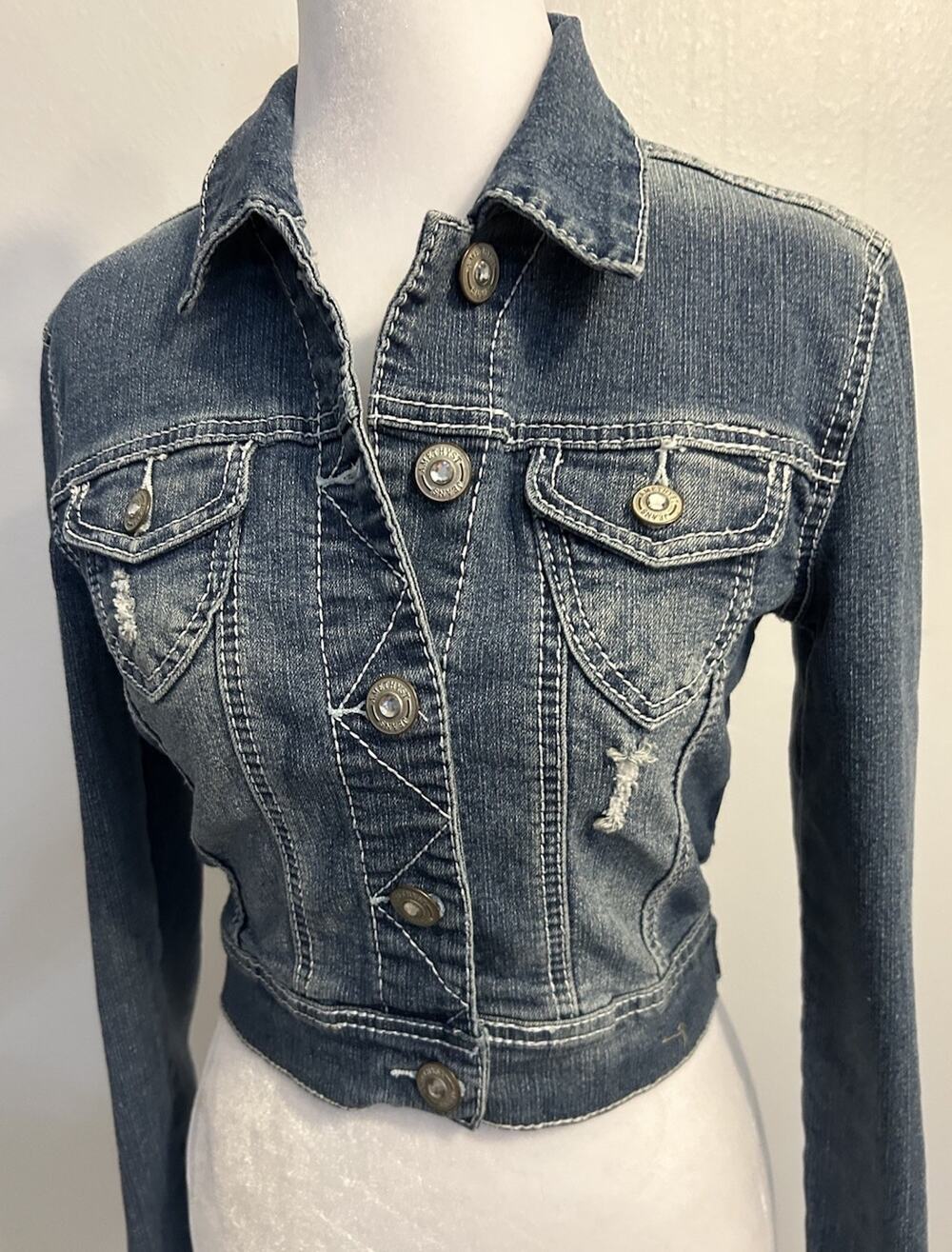Y2K Cropped Jean Jacket Women's S Western Rhinestone Bling Sexy Hipster Country